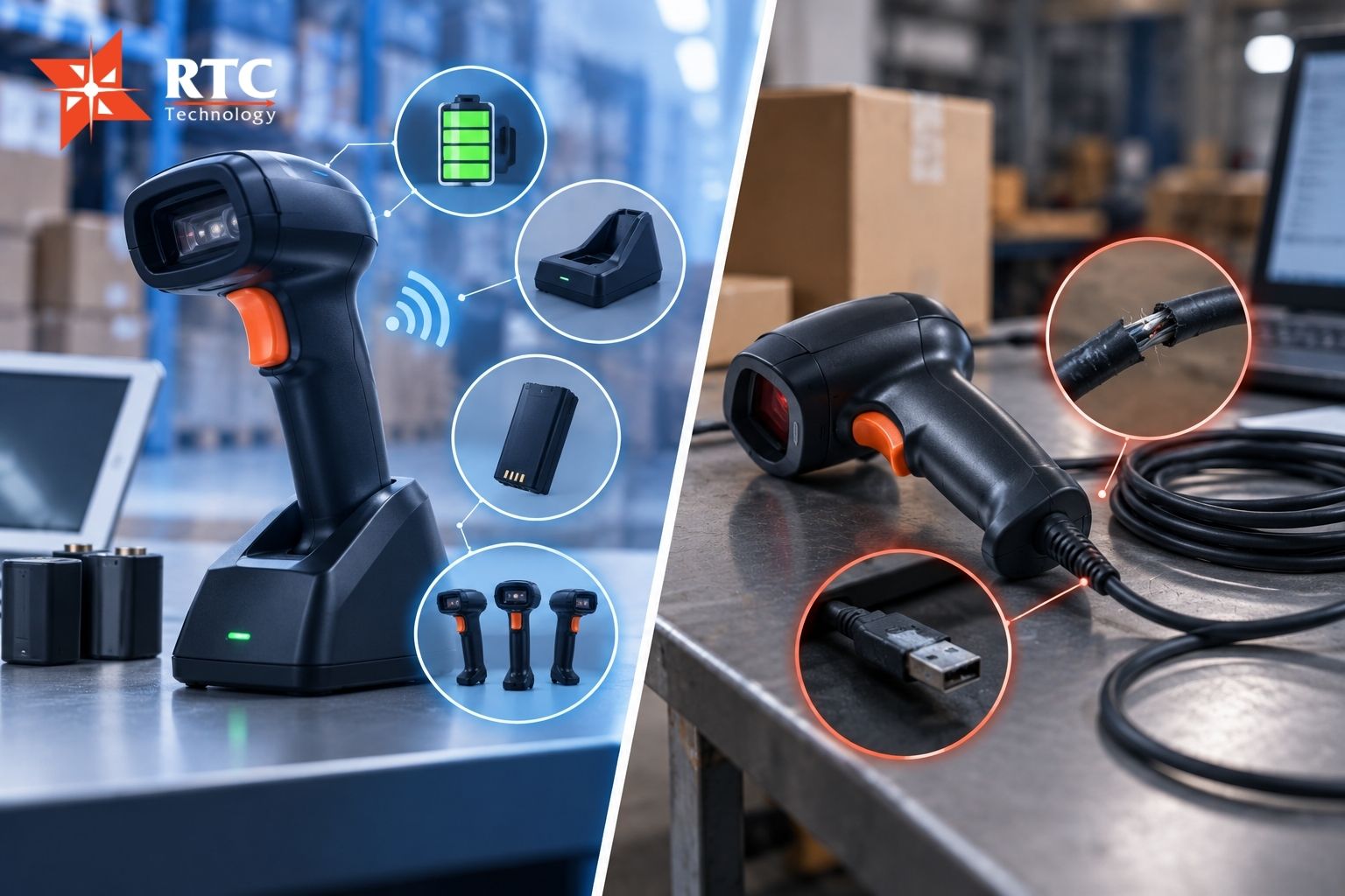 Máy quét Bluetooth cần quản lý pin, đế sạc và kết nối, trong khi máy quét có dây cần chú ý độ bền dây dẫn và đầu nối trong quá trình sử dụng.